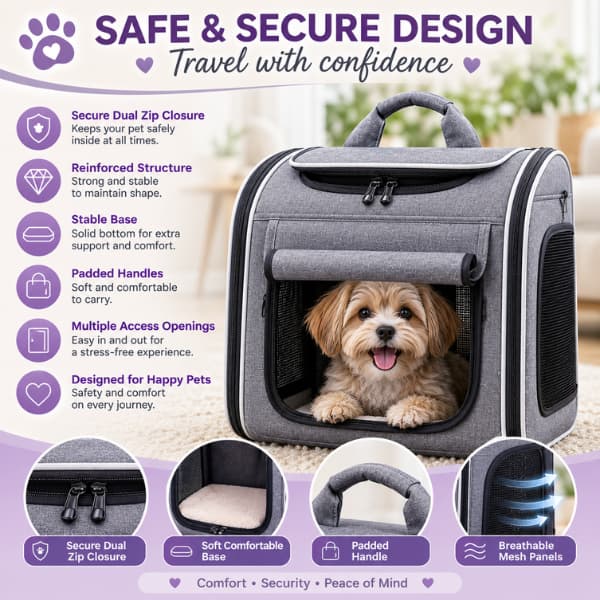 Grey AdventureRide 4-in-1 pet travel carrier featuring secure dual zip closure, reinforced structure, breathable mesh panels and a stable base for safe pet travel.