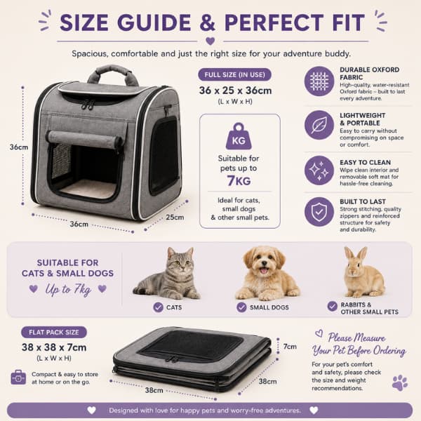 AdventureRide 4-in-1 pet travel carrier size guide showing 36 x 25 x 36cm dimensions, Oxford fabric construction, flat pack size and suitability for cats and small dogs up to 7kg.