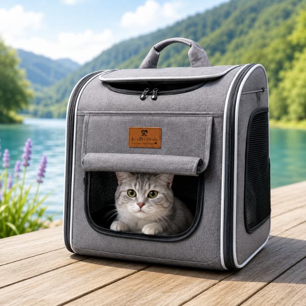 Grey AdventureRide 4-in-1 pet travel carrier with a cat inside beside a peaceful lake, breathable carrier for cats and small dogs up to 7kg.