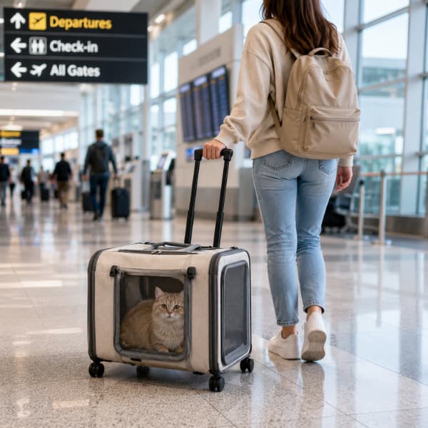 Airline approved wheeled pet carrier with cat inside being pulled through an airport terminal by a pet owner