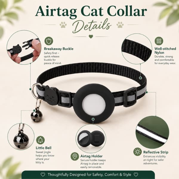 Premium infographic showing features of a reflective AirTag cat collar including breakaway buckle, reflective strip, nylon material, bell, and secure AirTag holder