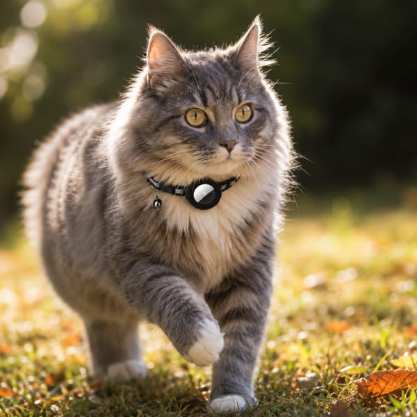 Long-haired grey cat wearing an AirTag safety collar with bell while walking outdoors in natural sunlight