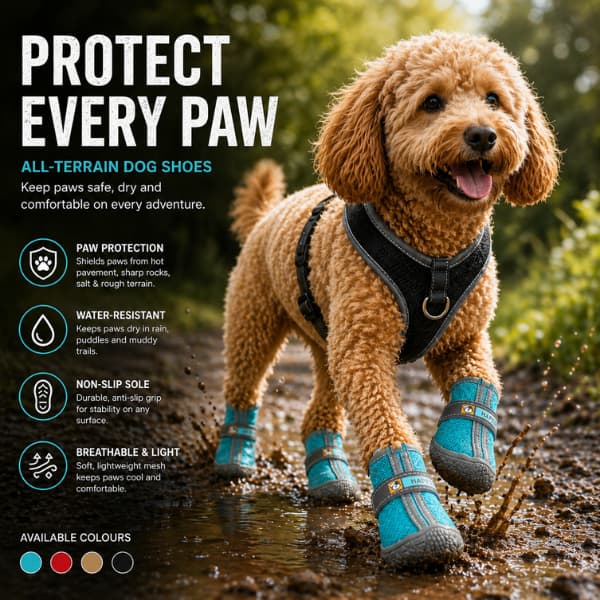 Dog wearing waterproof all-terrain dog shoes for paw protection during muddy outdoor walks