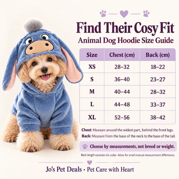 Animal dog hoodie size guide showing chest and back measurements for sizes XS–XL beside a poodle wearing the blue donkey hoodie.