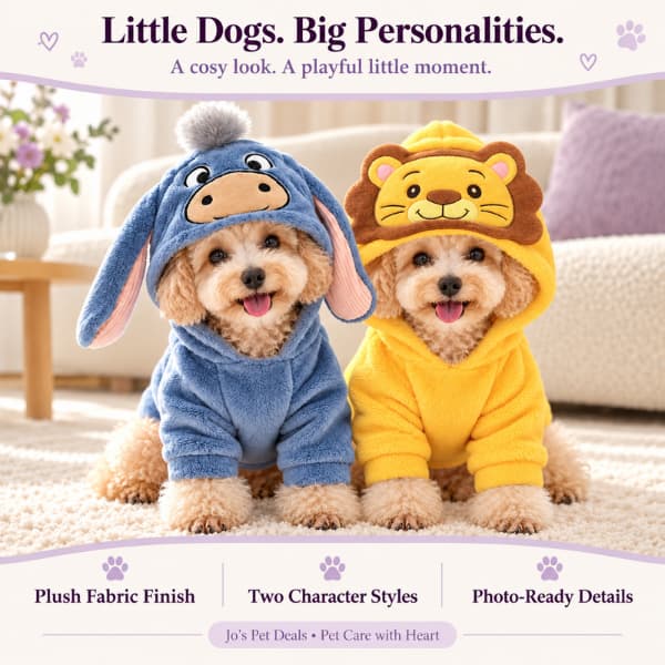 Two small apricot poodles wearing blue donkey and yellow lion hoodies, with text highlighting the plush finish and character details.
