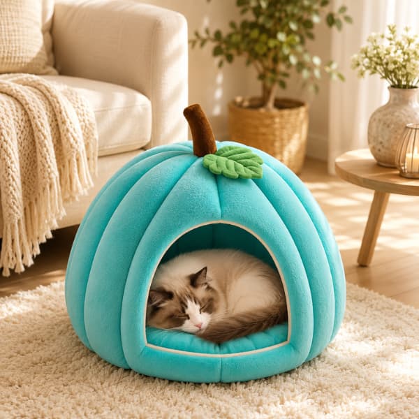 Cat sleeping inside an aqua Pumpkin Cat Cave Bed in a cosy home, showing the soft enclosed hideaway and cushioned sleeping area.