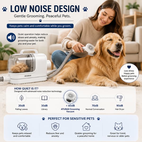 ATUBAN low noise pet grooming vacuum helping keep dogs calm and relaxed during grooming with quiet suction technology and pet-friendly design