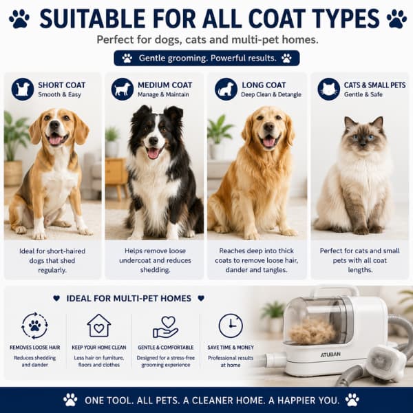 ATUBAN pet grooming vacuum suitable for short-haired dogs, long-haired dogs, cats, and multi-pet households with professional grooming attachments