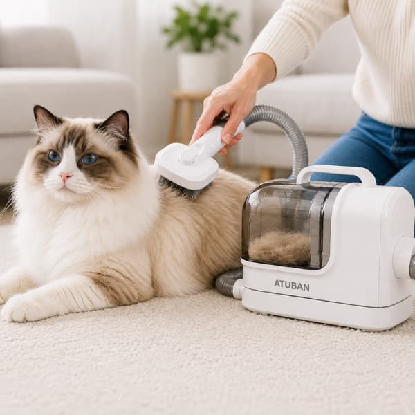 Long-haired cat being groomed with the ATUBAN pet grooming vacuum at home, collecting loose fur while keeping the cat calm and comfortable