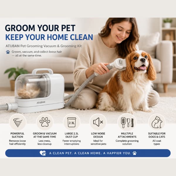 ATUBAN pet grooming vacuum and dog grooming kit with low-noise suction, 2.3L dust cup, grooming brush attachments, and pet hair collection for dogs and cats
