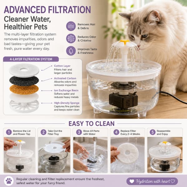 Automatic cat water fountain with advanced 4-layer filtration system and easy-to-clean design, providing fresh filtered water for cats and small dogs.