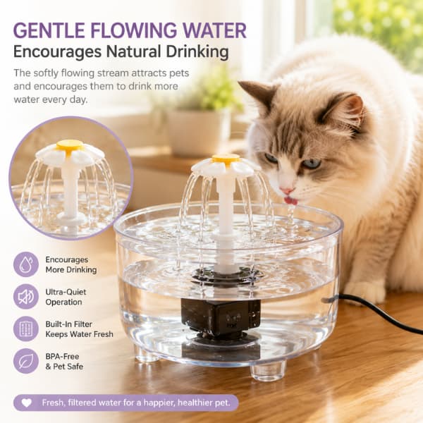 Cat drinking from a clear automatic pet water fountain with gentle flowing filtered water, promoting healthy hydration in a modern home.