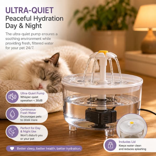 Ultra-quiet automatic cat water fountain with lid and filter providing fresh flowing water while a cat sleeps peacefully in a modern home.