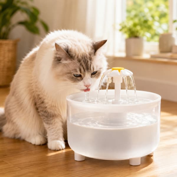 Fluffy cat drinking from a quiet automatic USB pet water fountain with filter in a bright modern home, encouraging healthy hydration for cats and small dogs.