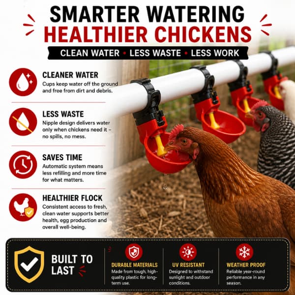 Benefits of an automatic chicken water cup system including cleaner water, less waste, time savings and healthier backyard chickens