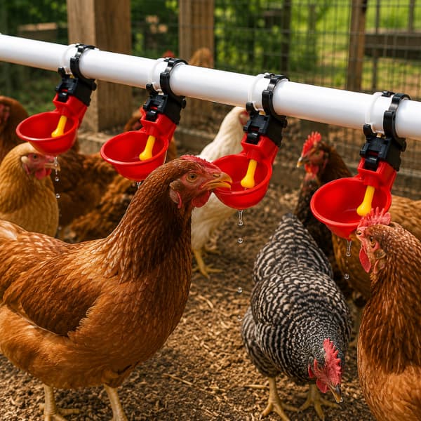 Backyard chickens using an automatic chicken water cup system attached to a PVC pipe watering setup