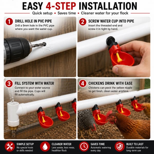 Automatic poultry watering system with multiple water cups installed along a PVC pipe inside a chicken coop