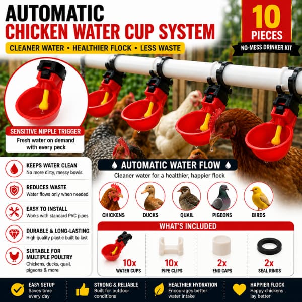 Automatic chicken water cup system installed on PVC pipe providing clean drinking water for backyard chickens and poultry