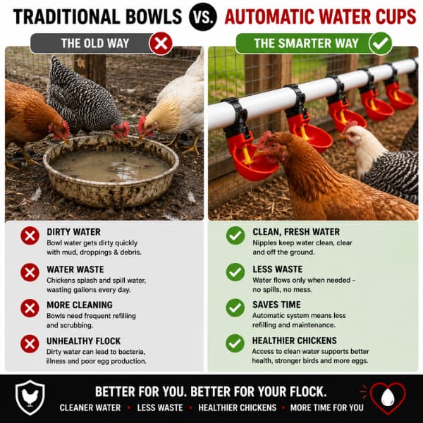 Comparison of traditional chicken water bowls versus automatic chicken water cups showing cleaner water, less waste and healthier poultry
