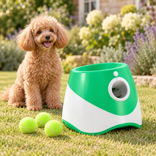 Green and white automatic ball launcher with three mini tennis balls beside an apricot poodle in a garden.