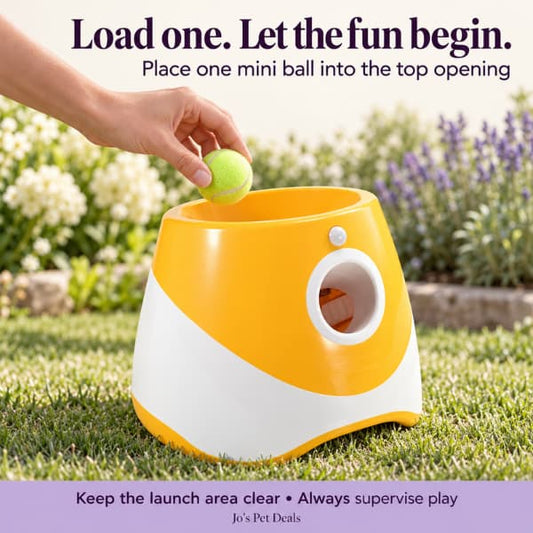 Hand placing one green mini tennis ball into the top of a yellow dog ball launcher, with reminders to keep the launch area clear and supervise play.