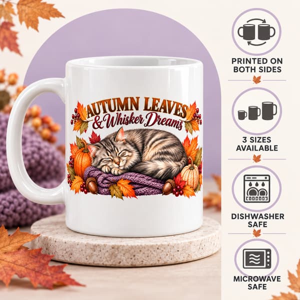 Autumn Leaves and Whisker Dreams cat mug showing printed on both sides, three sizes, dishwasher safe and microwave safe benefits
