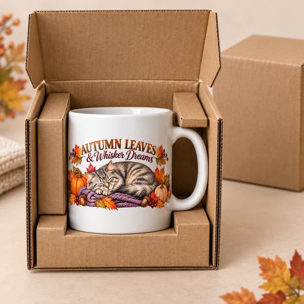 Autumn Leaves and Whisker Dreams cat mug secured inside plain protective cardboard packaging