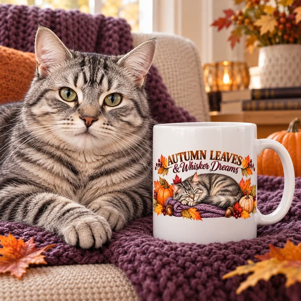 Silver tabby cat beside an Autumn Leaves and Whisker Dreams mug in a cosy autumn setting