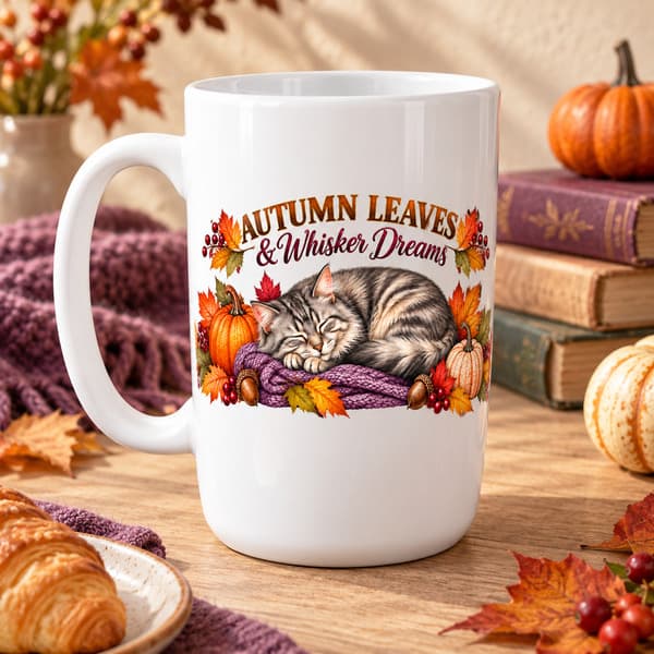 Tall 15 oz Autumn Leaves and Whisker Dreams cat mug displayed in a cosy autumn setting