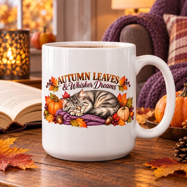 Large 20 oz Autumn Leaves and Whisker Dreams cat mug in a cosy autumn reading setting