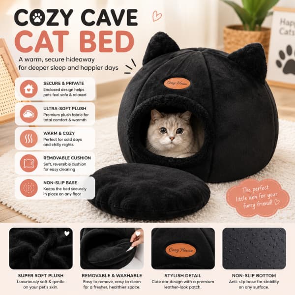 Black cozy cave cat bed with ultra-soft plush fabric, removable cushion and enclosed design providing warmth, comfort and security for cats