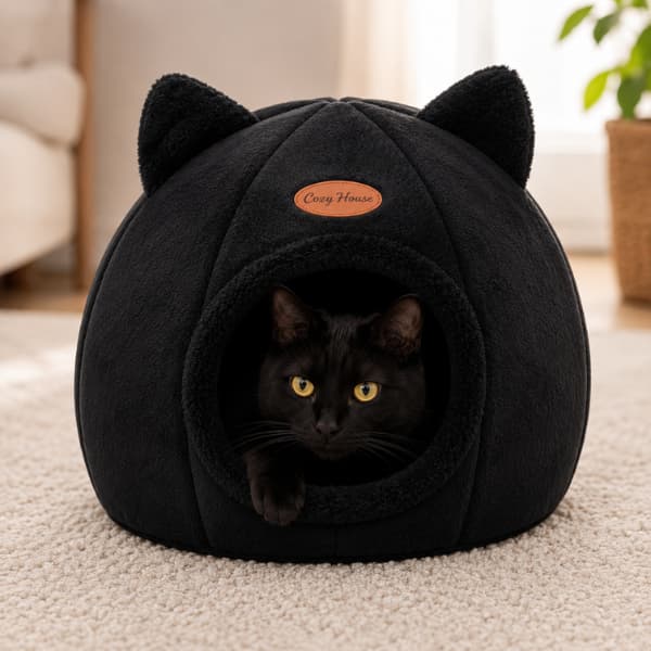 Black cat relaxing inside a black cozy cave cat bed with soft plush fabric and enclosed design for warmth comfort and security