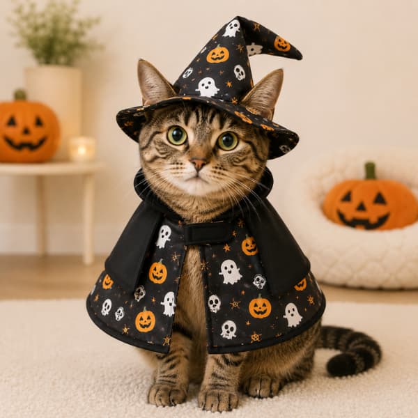 Cat wearing black Halloween witch hat and cape costume