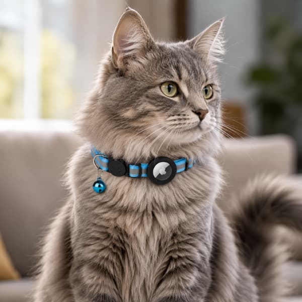 Fluffy grey cat wearing a blue reflective AirTag safety collar with bell while sitting indoors in a cozy home setting
