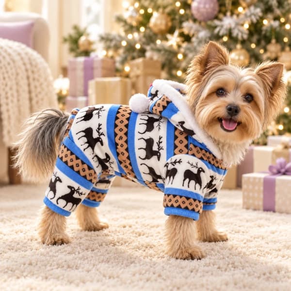 Yorkshire terrier wearing a blue, cream and tan reindeer fleece onesie beside a Christmas tree and wrapped gifts.