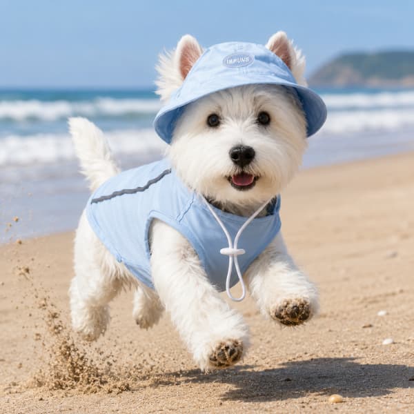Happy white dog wearing a blue cooling vest and matching sun hat running along a sunny beach in summer.