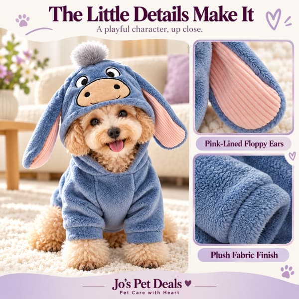 Poodle wearing a blue donkey hoodie beside close-up views of the pink-lined floppy ear and plush blue fabric.