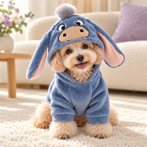 Small apricot toy poodle wearing a blue plush donkey hoodie with floppy pink-lined ears in a cosy cream living room.