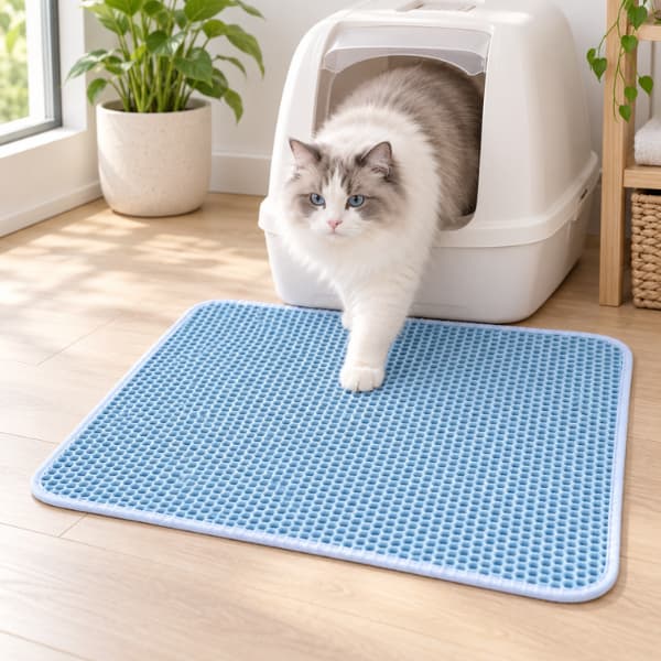 Fluffy white and grey cat stepping onto a blue double-layer honeycomb litter mat