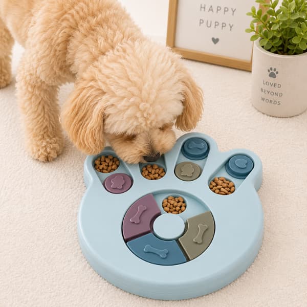 Fluffy puppy using a blue paw-shaped interactive puzzle feeder designed to slow eating and provide mental stimulation for dogs