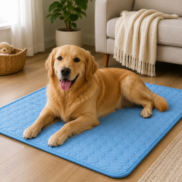 Golden Retriever relaxing on a blue cooling mat indoors to stay comfortable during warm summer weather