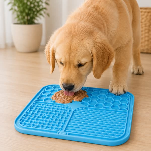 Golden retriever puppy using a blue silicone slow feeder lick mat for enrichment, calming support, and healthier slower eating habits