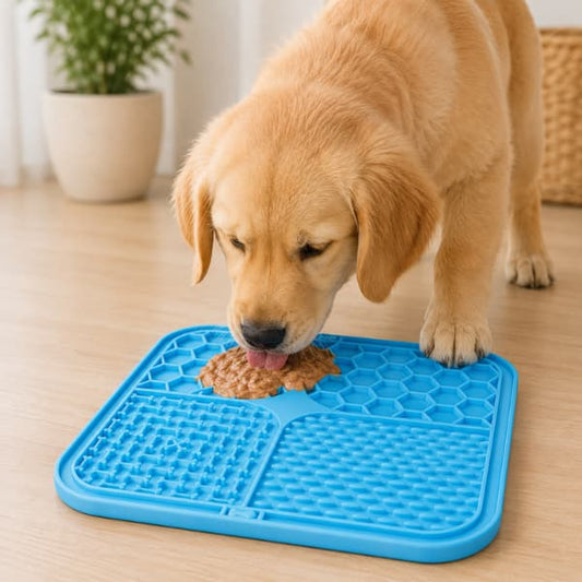 Golden retriever puppy using a blue silicone slow feeder lick mat for enrichment, calming support, and healthier slower eating habits