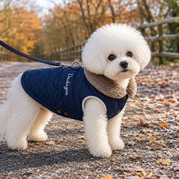Small white dog wearing blue quilted winter dog coat with plush collar on an autumn walk