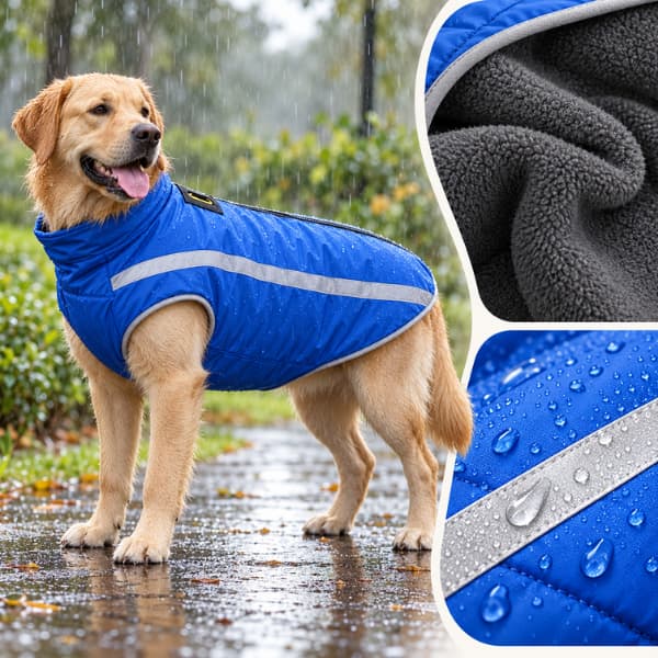 Large dog wearing a blue waterproof reflective winter coat with close-ups of the fleece lining and rain-resistant outer fabric
