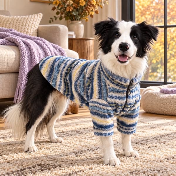 Adult Border Collie wearing a blue striped fleece jumper indoors on a chilly autumn morning