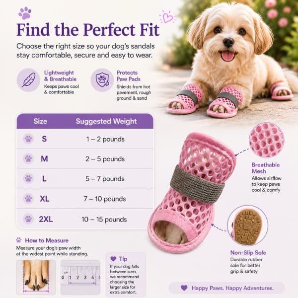 Size guide infographic for breathable dog sandals showing recommended weight, breathable mesh design, non-slip sole and paw protection for small dogs.