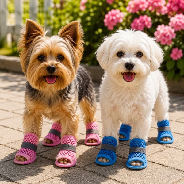 Two happy small dogs wearing breathable summer dog sandals in blue and pink while standing together on a sunny garden path.