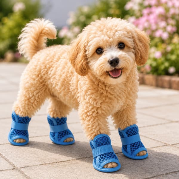 Happy small dog wearing breathable blue summer dog sandals while standing on a sunny garden path.