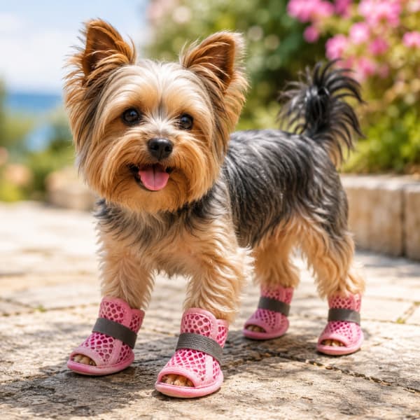 Happy Yorkshire Terrier wearing breathable pink summer dog sandals while standing on a sunny garden path.